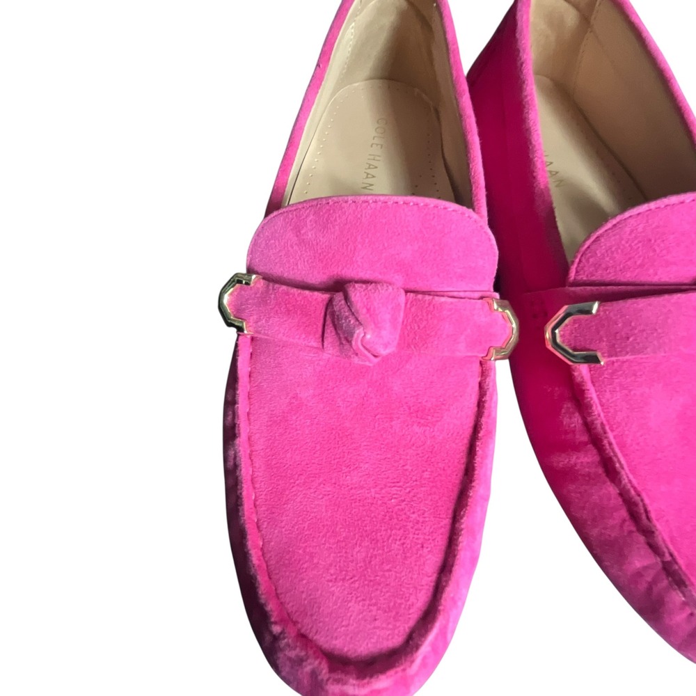 Cole Haan Evelyn Loafers Women 7.5 Pink Suede Driver Knotted Strap Gold Accent - Picture 9 of 11